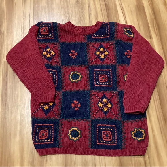 Vintage Red + Navy Checkered Embroidered Sweater - Picture 1 of 8
